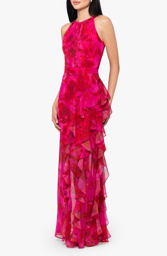 Shop Betsy & Adam Sleeveless Floral Print Gown In Fuchsia/ Poppy
