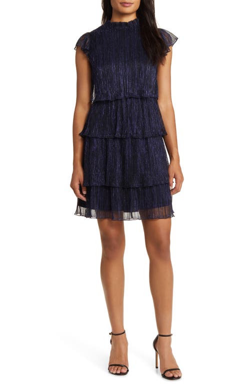 Vince Camuto Crinkle Tiered Metallic Flutter Sleeve Dress Navy at Nordstrom,