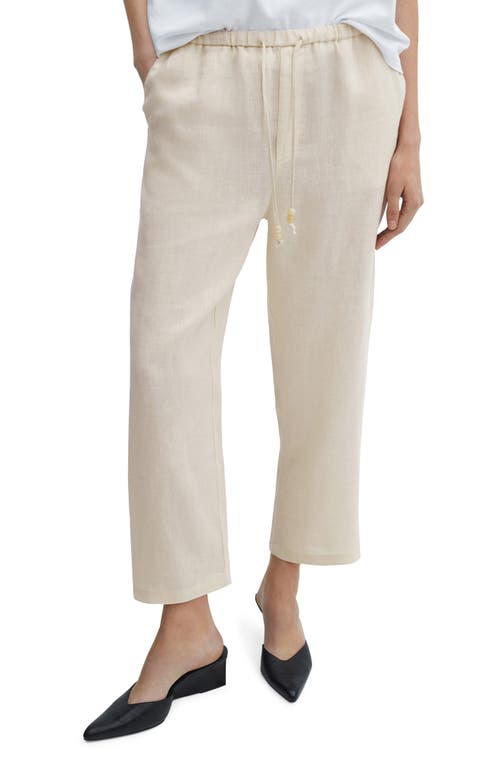 Shop Mango Elastic Waist Crop Straight Leg Linen Pants In Ecru