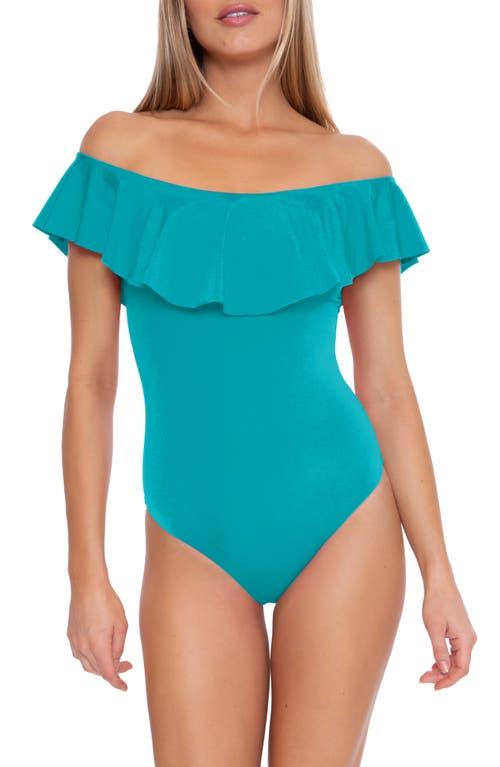 Shop Trina Turk Monaco Off The Shoulder Ruffle One-piece Swimsuit In Marine