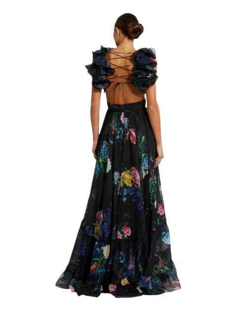 Mac Duggal Ruffle Tiered Floral Cut-out Chiffon Gown In Black Multi