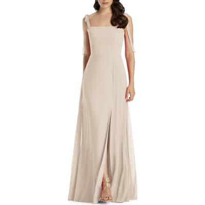 Dessy Collection Shoulder Tie Chiffon Evening Dress, Beige