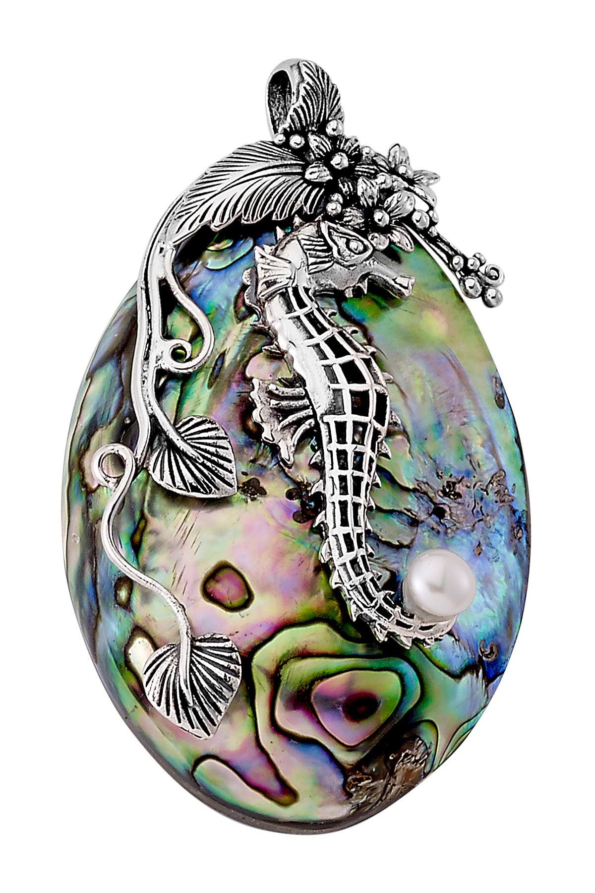 Samuel B Jewelry | Sterling Silver Seahorse Oval Abalone 5mm Pearl ...