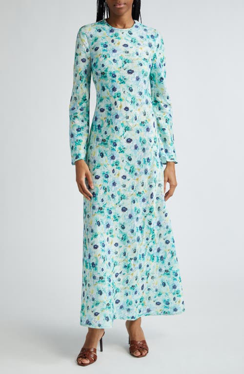 Shop Zimmermann Lightburst Floral Bias Cut Long Sleeve Linen Dress In Aqua Floral