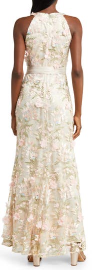 Sheer Halter Neck 3d Floral Embroidered Bridesmaid Dress With High-low Hem  In Rose - Pantone Rose Quartz