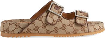 Gucci Men's Sideline Logo Canvas Slide Sandals - Beige - Size 7.5
