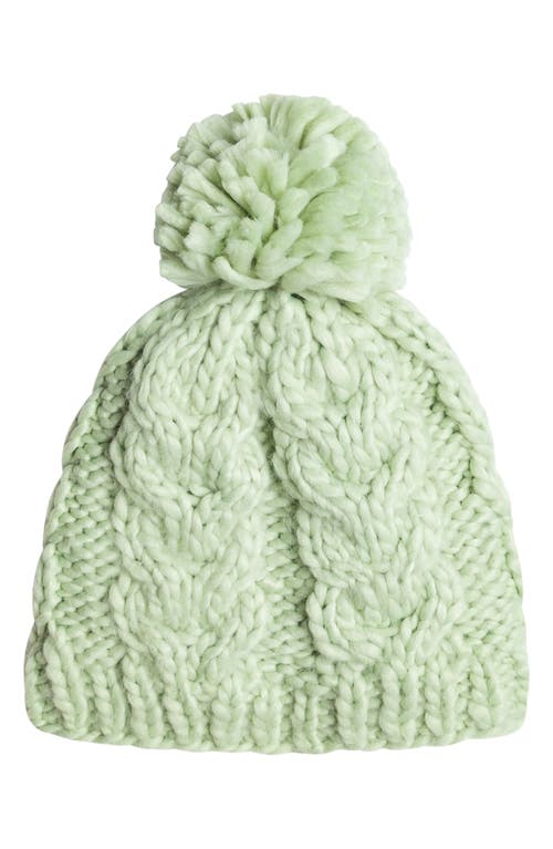 Roxy Winter Cable Knit Pompom Beanie in Cameo Green at Nordstrom