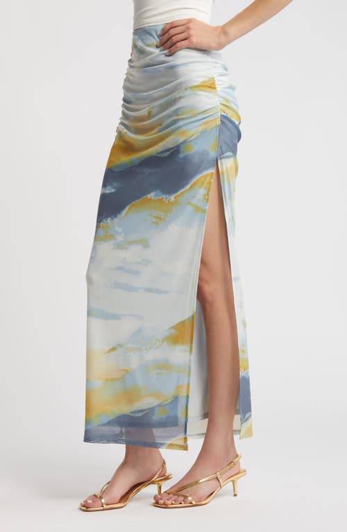 Shop Open Edit Ruched Side Slit Mesh Maxi Skirt In Blue Skyscape