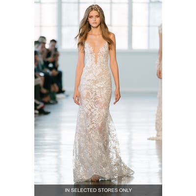 Berta Beaded Lace Spaghetti Strap Gown, Size IN STORE ONLY - Ivory