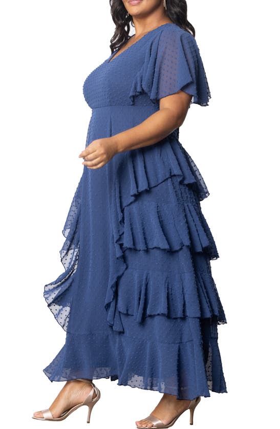 Shop Kiyonna Tour De Flounce Tiered Maxi Dress In Denim Blue Dot