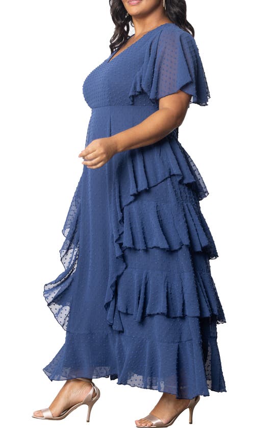 Kiyonna Tour De Flounce Tiered Maxi Dress In Denim Blue Dot