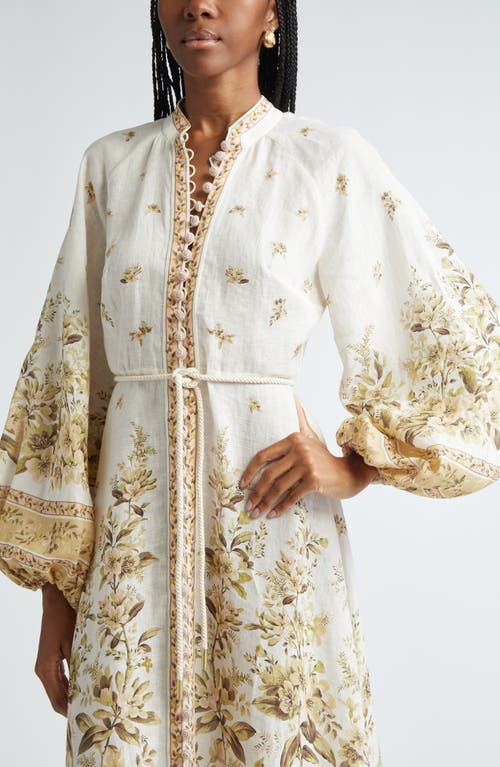 Shop Zimmermann Golden Floral Long Sleeve Buttoned Linen Dress In Sage Toile Floral