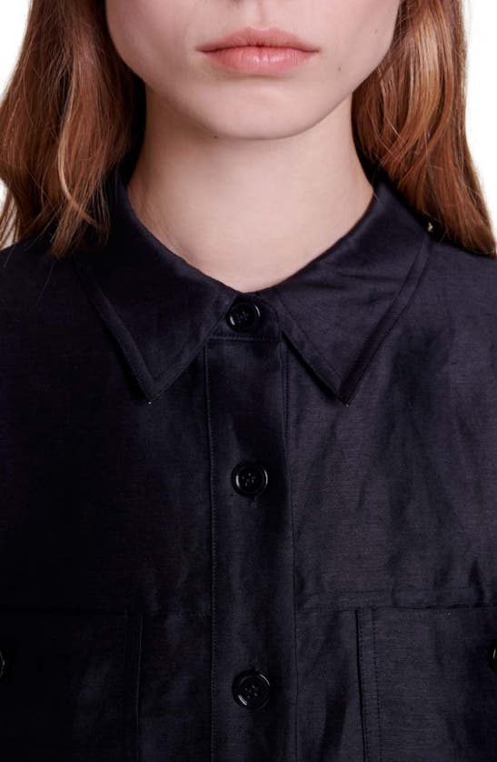 Shop Maje Clint Beaded Embroidery Detail Crop Linen Blend Button-up Shirt In Black