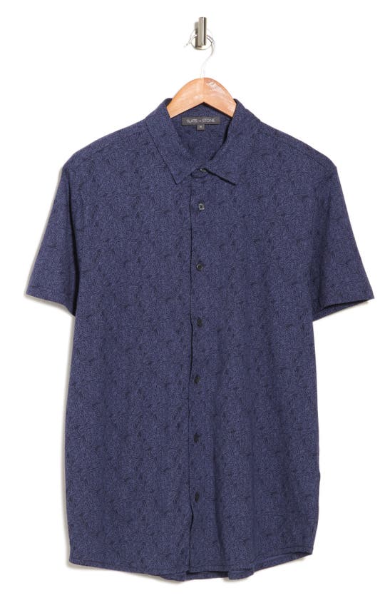Slate & Stone Knit Button-down Shirt In Navy Mini Leaf Print
