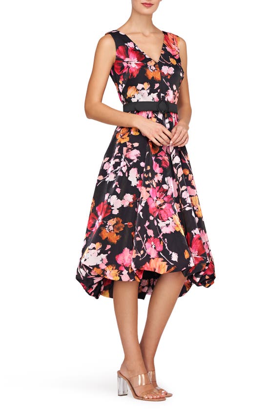 Shop Kay Unger Viola Floral Belted Sleeveless High-low Dress In Saffron/ Black