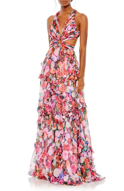 Mac Duggal Floral Print Ruffle Cutout Gown Multi at Nordstrom,