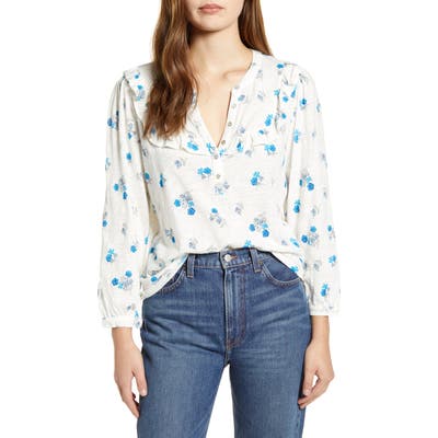 Lucky Brand Print Ruffle Bib Henley, Ivory