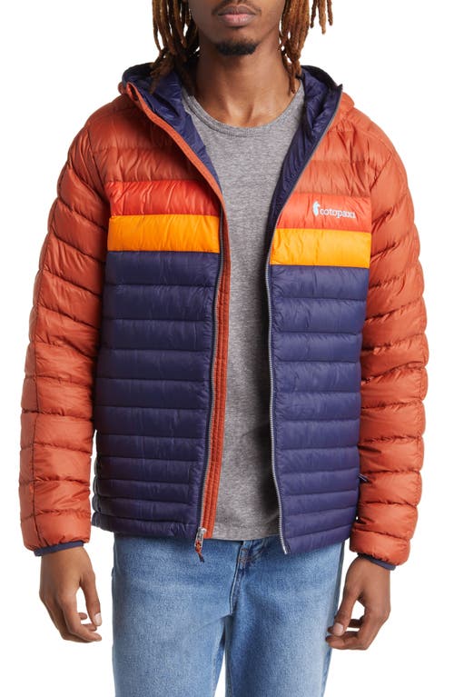 Fuego Water Resistant 800 Fill Power Down Hooded Jacket in Spice/Maritime