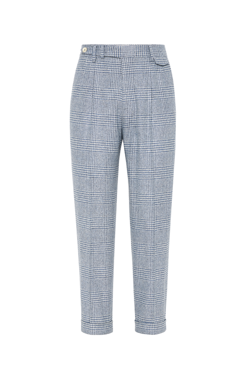 Shop Brunello Cucinelli Comfort Wool, Silk And Cashmere Prince Of Wales Leisure Fit Trousers With Double  In Azure