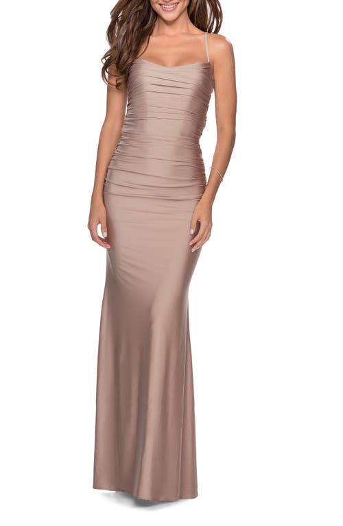 La Femme Strappy Back Ruched Trumpet Gown in Nude