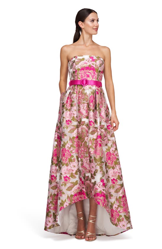 Shop Kay Unger Bella Floral Jacquard Metallic Belted High-low Gown In Wild Raspberry