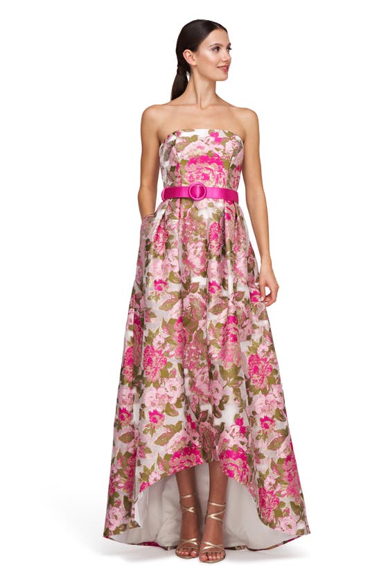 Kay Unger Bella Floral Jacquard Metallic Belted High-low Gown In Wild Raspberry
