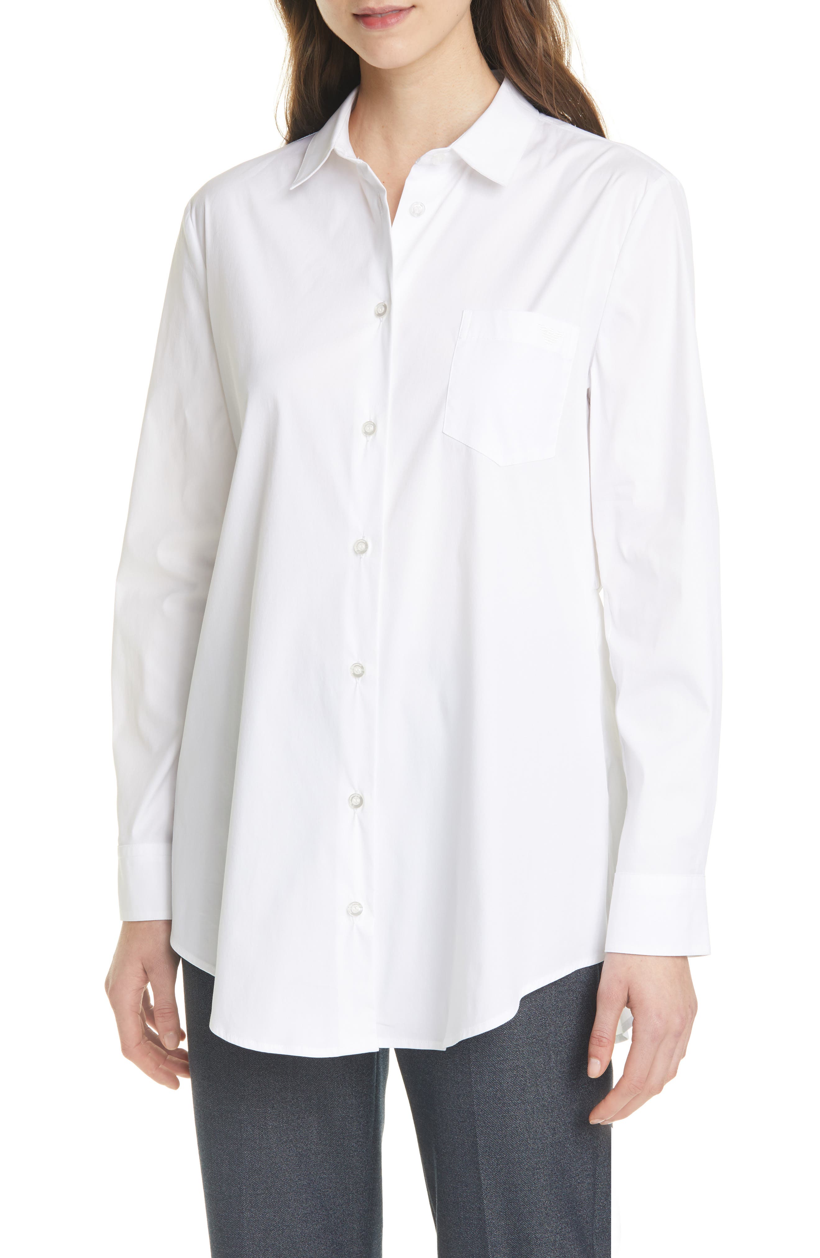 EMPORIO ARMANI RUCHED BACK STRETCH COTTON POPLIN LONG SLEEVE BLOUSE,8052467062369