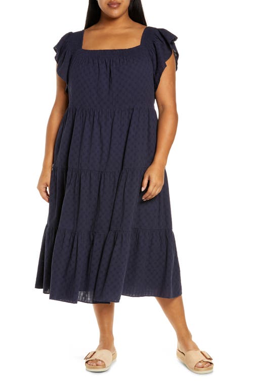 Textured Check Ruffle Sleeve Tiered Dress in Juniper Berry