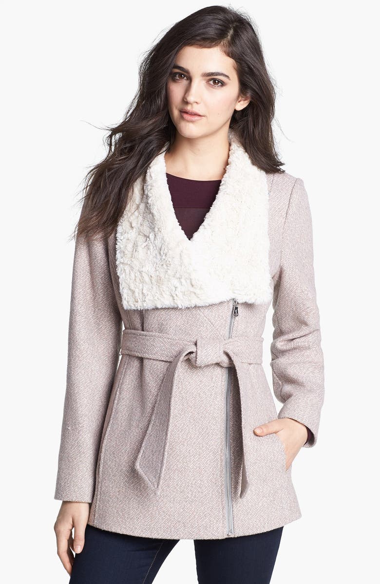 Jessica Simpson Faux Shearling Collar Tweed Coat | Nordstrom