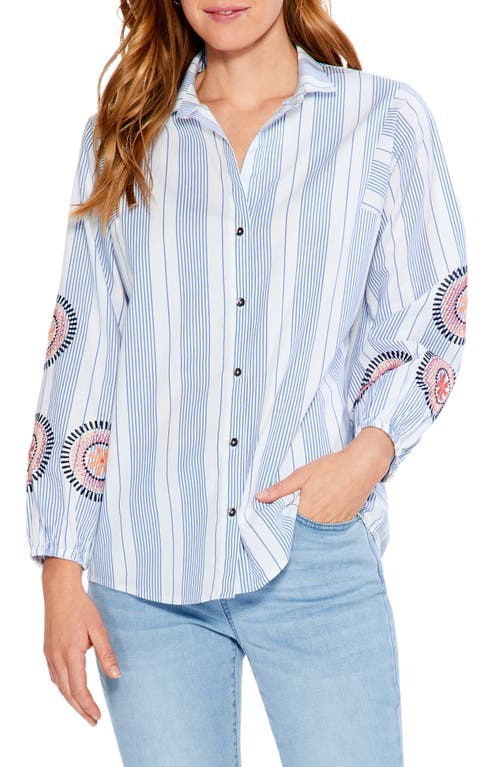 NIC+ZOE Embroidered Skies Stripe Stretch Cotton Button-Up Shirt in Blue Multi