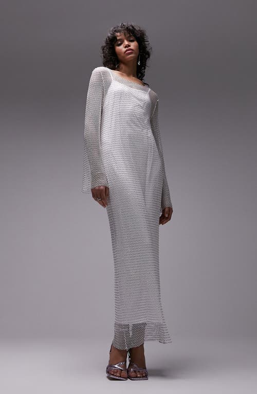 Topshop Diamante Long Sleeve Mesh Maxi Dress in White