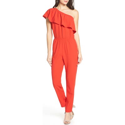 Fraiche By J One-Shoulder Ruffle Jumpsuit, Red
