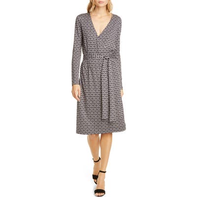 Dvf Karis Geo Print Long Sleeve Faux Wrap Silk Dress, Black