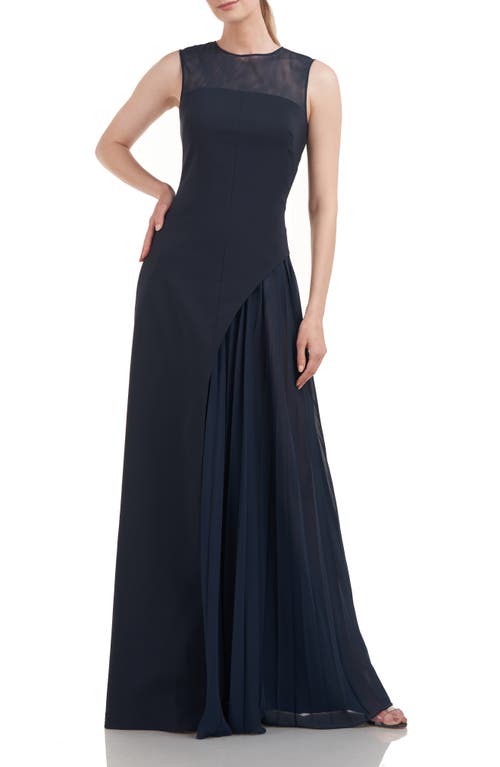 Kay Unger Dahlia Illusion Yoke Pleated Inset Gown in Navy Blue