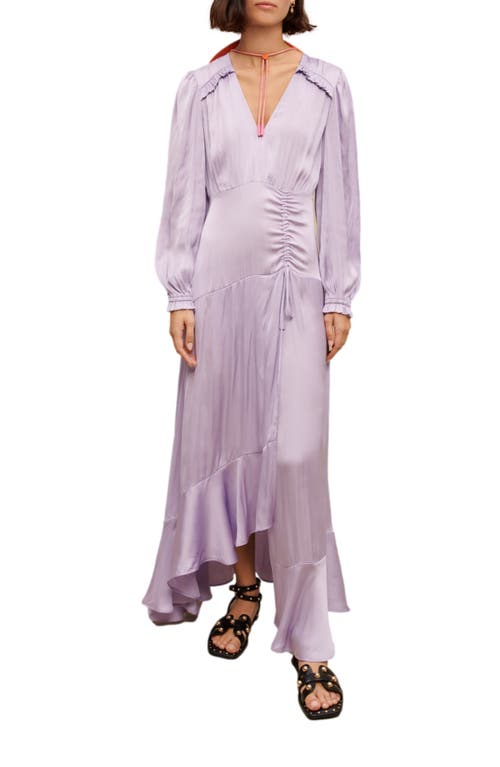 maje Rouvina Ruffle Ruched Long Sleeve Satin Dress in Parma Violet
