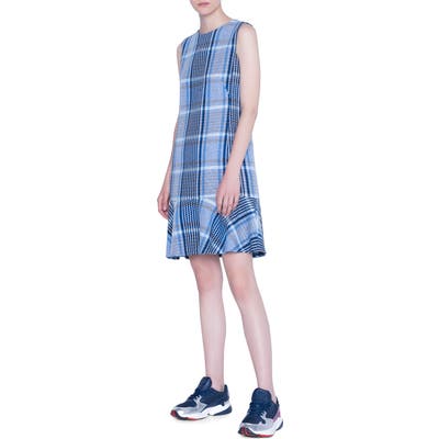Akris Punto Flounce Hem Plaid Tweed Dress, Blue
