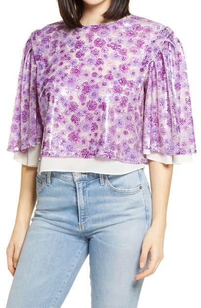 ENDLESS ROSE Tops FLORAL PRINT SEQUIN TOP