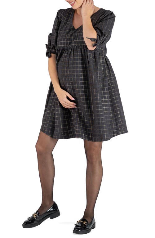 Janis Windowpane Plaid Tie Sleeve Maternity/Nursing Dress in Grey