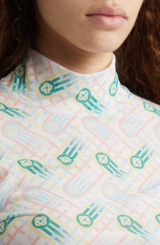 Shop Casablanca Print Long Sleeve Mesh Top In Pastel Ping Pong Monogram