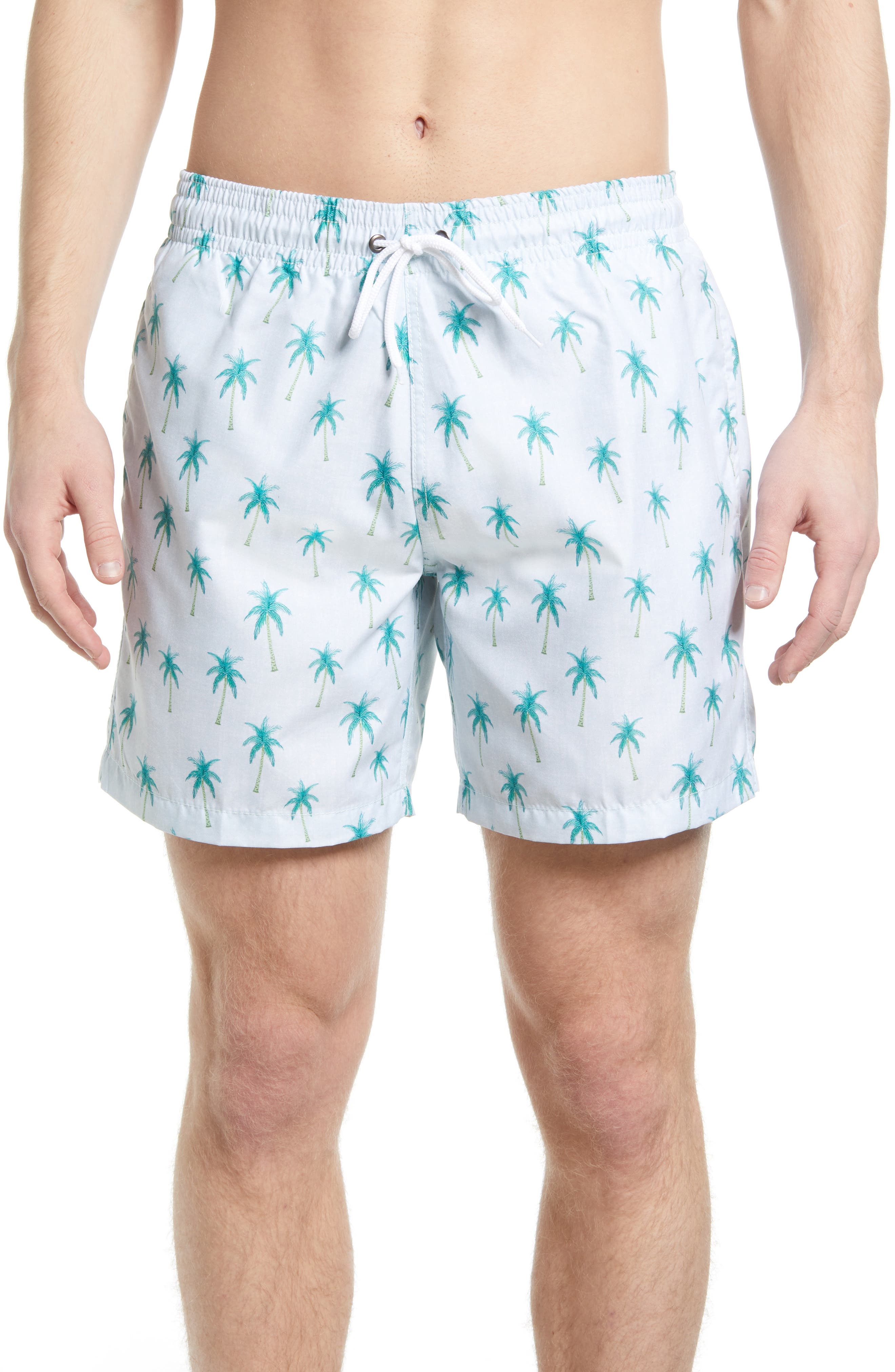 Mens White and Blue Swim Shorts with Leaf detail 