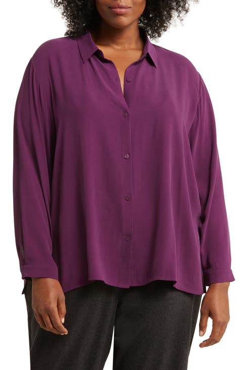 Eileen Fisher Women's size PP Lavender Silk 2pc Set Button Down Shirt+Pants