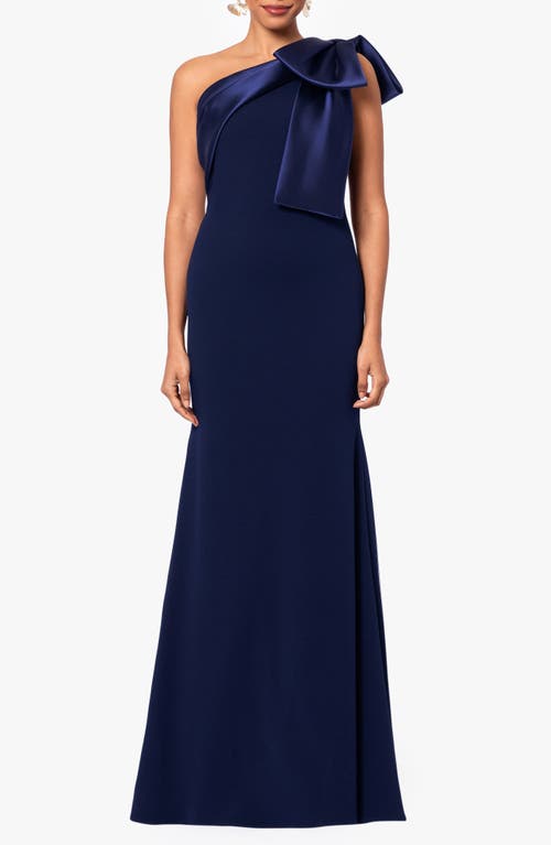 Betsy & Adam Bow One-shoulder Crepe Mermaid Gown In Blue