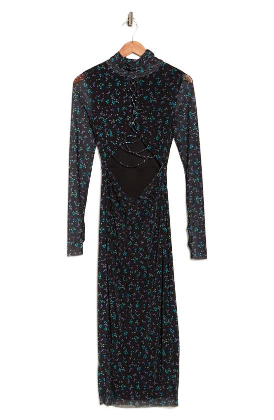 Shop Afrm Carlota Long Sleeve Lace-up Dress In Noir Neon Ditsy