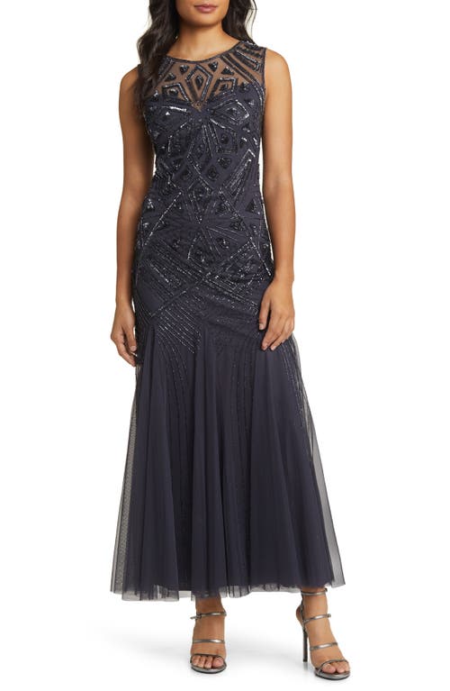 Geometric Beaded Sleeveless Gown in Slate