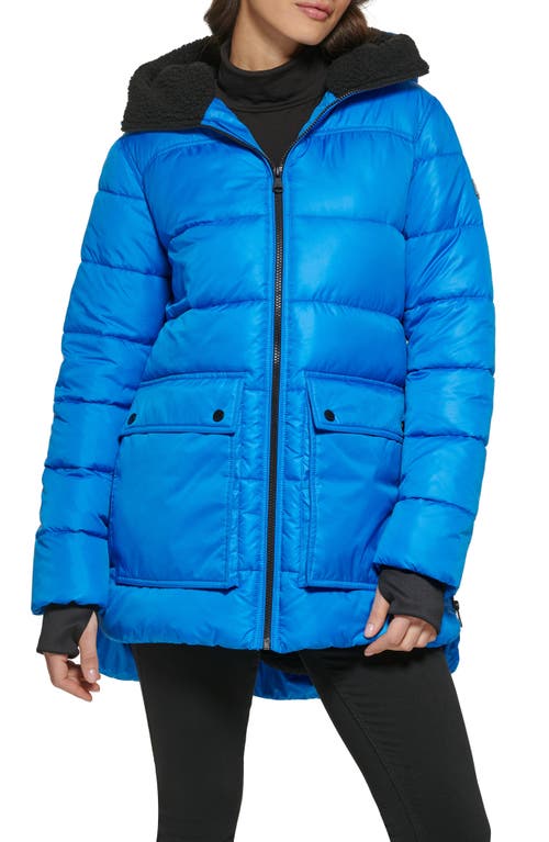 Shop Kenneth Cole New York Faux Shearling Lined Hood Channel Quilted Puffer Parka Jacket In Aqua