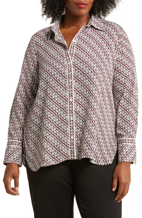 Circle Stripe Long Sleeve Button-Up Shirt (Plus)