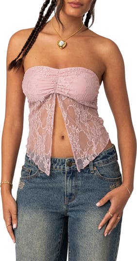 Tops, Pink See Through Elastic Lace Bandeau Strapless Lace Tube Top Lace  Crop Top