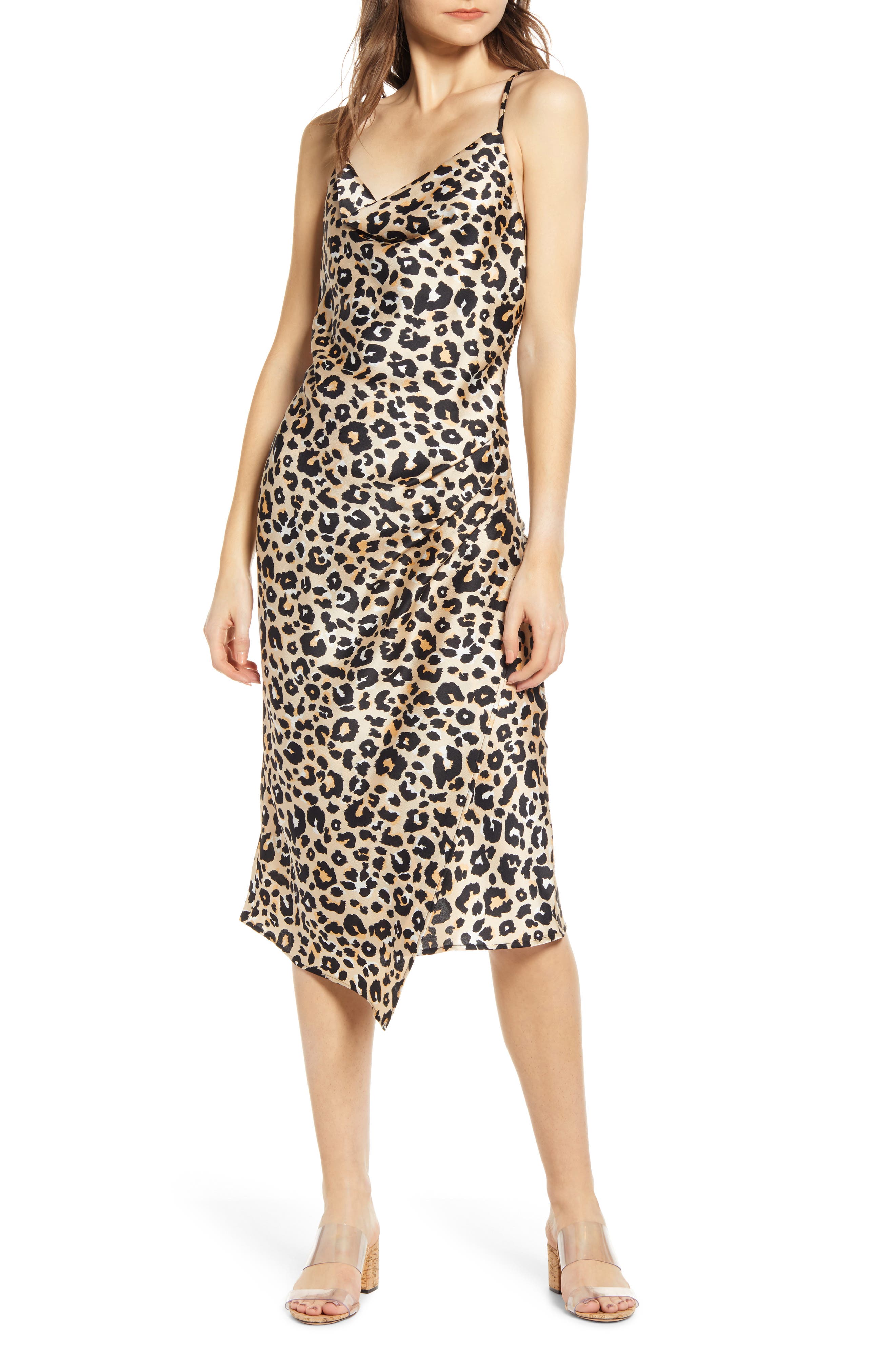 Moon River Leopard Satin Midi Slipdress, Brown