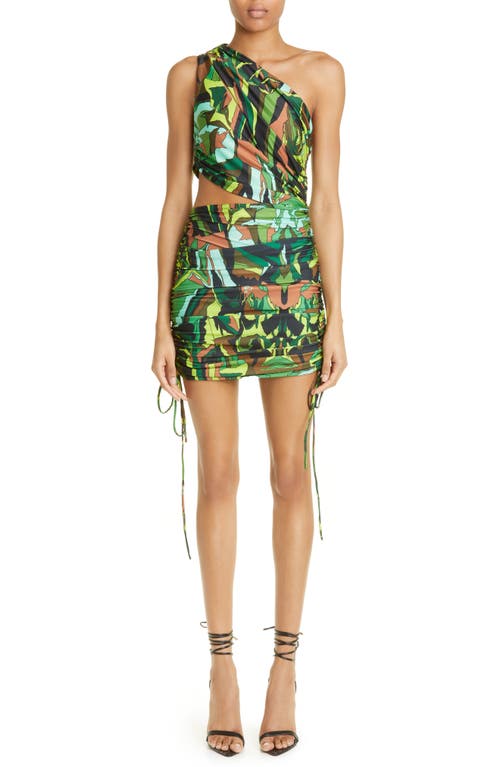 Gala Ruched One-Shoulder Cutout Jersey Dress in Jungle Camo Green
