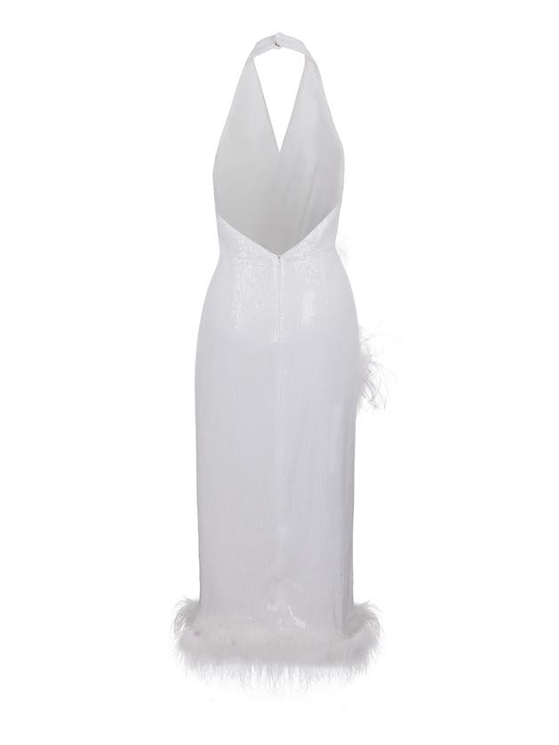 Shop Nocturne Sequined Feather Boa Mini Dress In Ecru